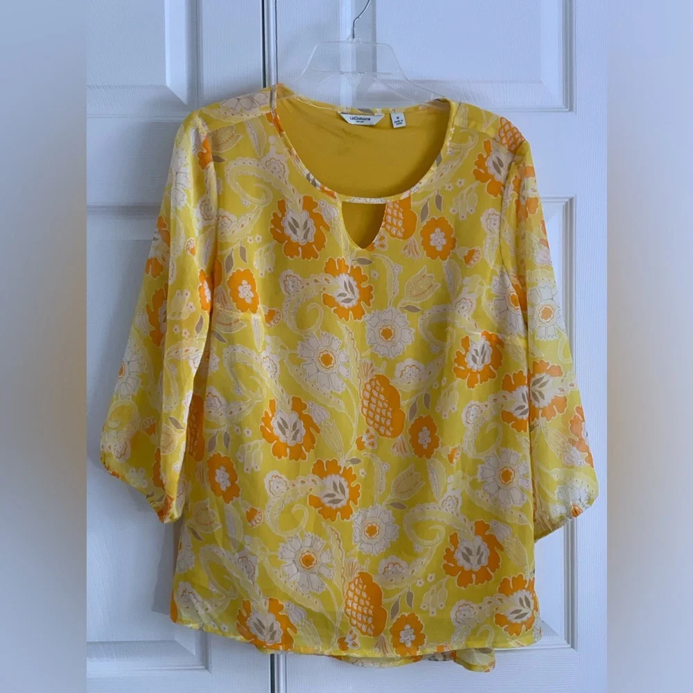 LIZ CLAIBORNE Women’s Yellow Floral Chiffon 3/4 Sleeve Blouse Shirt Size: Medium